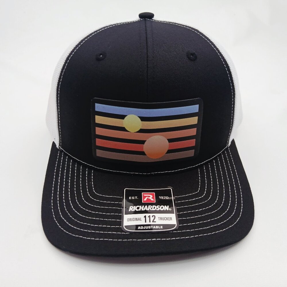 BustedTees Black And White Richardson 112 With Leather Patch Design Hat Cap